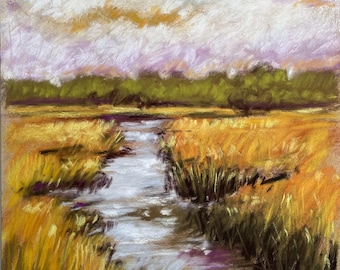 Landscape Pastel Painting, Marsh Scene, Wetlands, Home Decor Art, Original Artwork