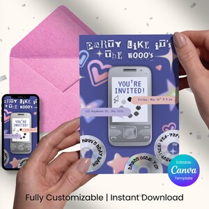 May include: A purple invitation card with a retro mobile phone graphic, text "Party Like It's The 2000's", and the words "You're Invited!". A pink envelope and a smartphone with the same design are also visible.