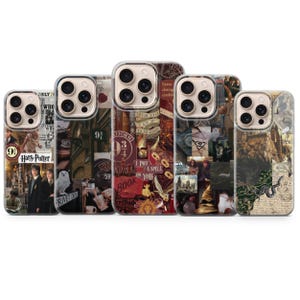 May include: Five phone cases with different designs, each featuring a collage of images and text. The designs include references to "Harry Potter," books, and other related imagery. The cases have a clear border.