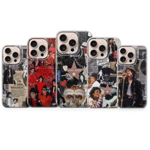 May include: Five phone cases with Michael Jackson-themed designs. The cases showcase a collage of images, text, and graphics, including the words "Thriller" and "King of Pop". Each case has a clear border.