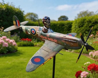 Iron Maidens Spitfire Fighter Garden Windmill, Metal Aircraft Whirligig, Military Garden Decor, "Chief Pilot" Eddie Windmill Ornament