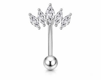 Elegant Crown Belly Button Ring with Marquise Crystal – Surgical Steel Navel Piercing Jewelry, Minimalist White Background Product Shot