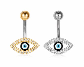 Zircon Evil Eye Belly Ring, Gold Silver Navel Piercing Jewelry, Titanium Steel Barbell