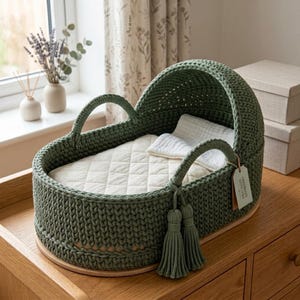 Op de afbeelding: Een handgemaakte, olijfgroene gehaakte wieg met een houten basis. De wieg heeft een gewatteerde, crèmekleurige matras en kussen. Twee handvatten en decoratieve kwasten zijn bevestigd. Een label leest "handmade with love".