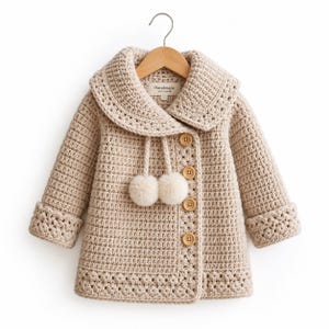 Op de afbeelding: Een beige gehaakte jas met een grote kraag, houten knopen en twee pompons. De jas heeft lange mouwen met decoratieve manchetten en hangt aan een houten hanger. Het label luidt "Handmade with love".