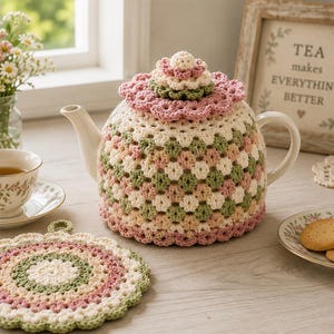 Könnte beinhalten: Eine weiße Keramik-Teekanne mit einer gehäkelten Teewärmer in Rosa, Grün und Creme steht auf einer Holzoberfläche. Ein passender gehäkelter Untersetzer und eine Teetasse mit floralem Design sind ebenfalls vorhanden.