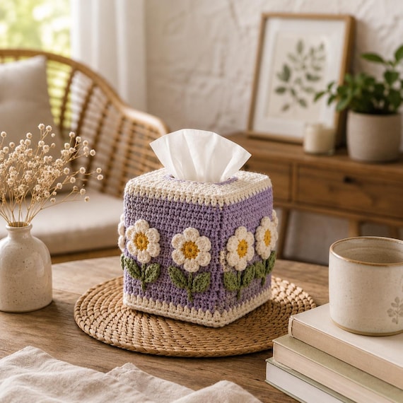 Daisy Crochet Tissue Box Cover Pattern PDF, Floral Crochet Decor