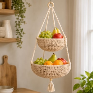 2-Tier Hanging Crochet Fruit Basket Pattern | Beginner Boho Macrame PDF