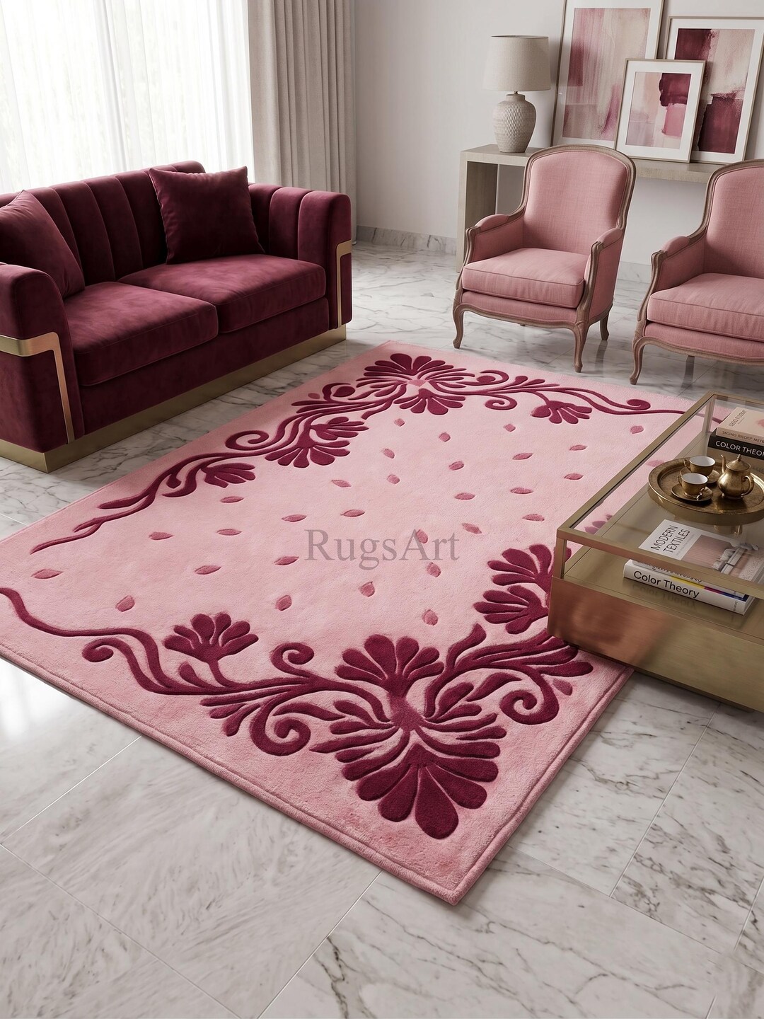 Raspberry Throw Rug Hand-tufted Wool Rug – 3D Carved Floral Design, Blush Pink & Raspberry ...