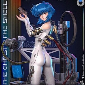 May include: A figurine of a character with blue hair wearing a white bodysuit, holding a black handgun. The figure features visible mechanical components, cables, and ports on the back and arms. Text includes THE GHOST IN THE SHELL, BODIES, GHOSTS, and NEKO Figurines.