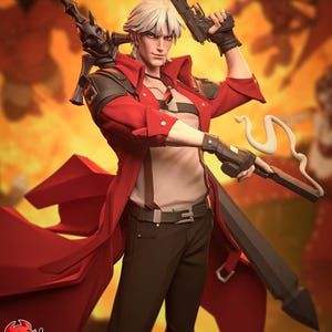 Peut inclure: Figurine détaillée d'un personnage aux cheveux blancs, vêtu d'un manteau rouge et d'un pantalon noir. Le personnage tient deux pistolets et une grande épée. L'arrière-plan est orange. Le texte "PATREON H3LL CREATOR" est en bas.