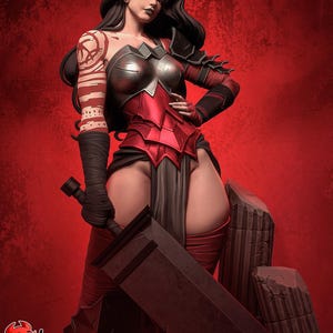 Peut inclure: Illustration numérique d'une guerrière vêtue d'une tenue rouge et noire, tenant une grande épée. La guerrière a de longs cheveux noirs, un bandeau et des tatouages sur les bras. Le fond est de couleur rouge uni. Le texte "PATREON" et "H3LL CREATOR" est inclus.