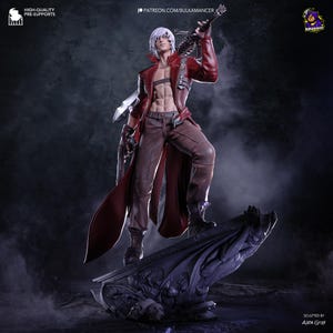 Peut inclure: Figurine détaillée d'un personnage de la série de jeux vidéo Devil May Cry. La figurine est posée avec un manteau rouge, un pantalon marron et des cheveux blancs, tenant une grosse arme à feu. La base est une structure sombre de style gothique.