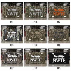 May include: License plates with a camouflage pattern and the letters "NWTF" in various colors. Some plates feature turkey silhouettes and the text "Conserve. Hunt. Share."