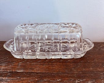 Vintage Anchor Hocking Pressed Cut Glass Covered Butter Dish, Star Pattern
