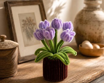 Pot de tulipes personnalisé en fil chenille – Fleurs éternelles faites main – Décoration florale artisanale