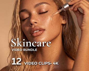 Może przedstawiać: Osoba z blond włosami nakłada serum do pielęgnacji skóry za pomocą zakraplacza. Obraz zawiera tekst "Skincare VIDEO BUNDLE" i "12 VIDEO CLIPS. 4K". Skóra osoby jest promienna, z widocznymi kroplami serum.