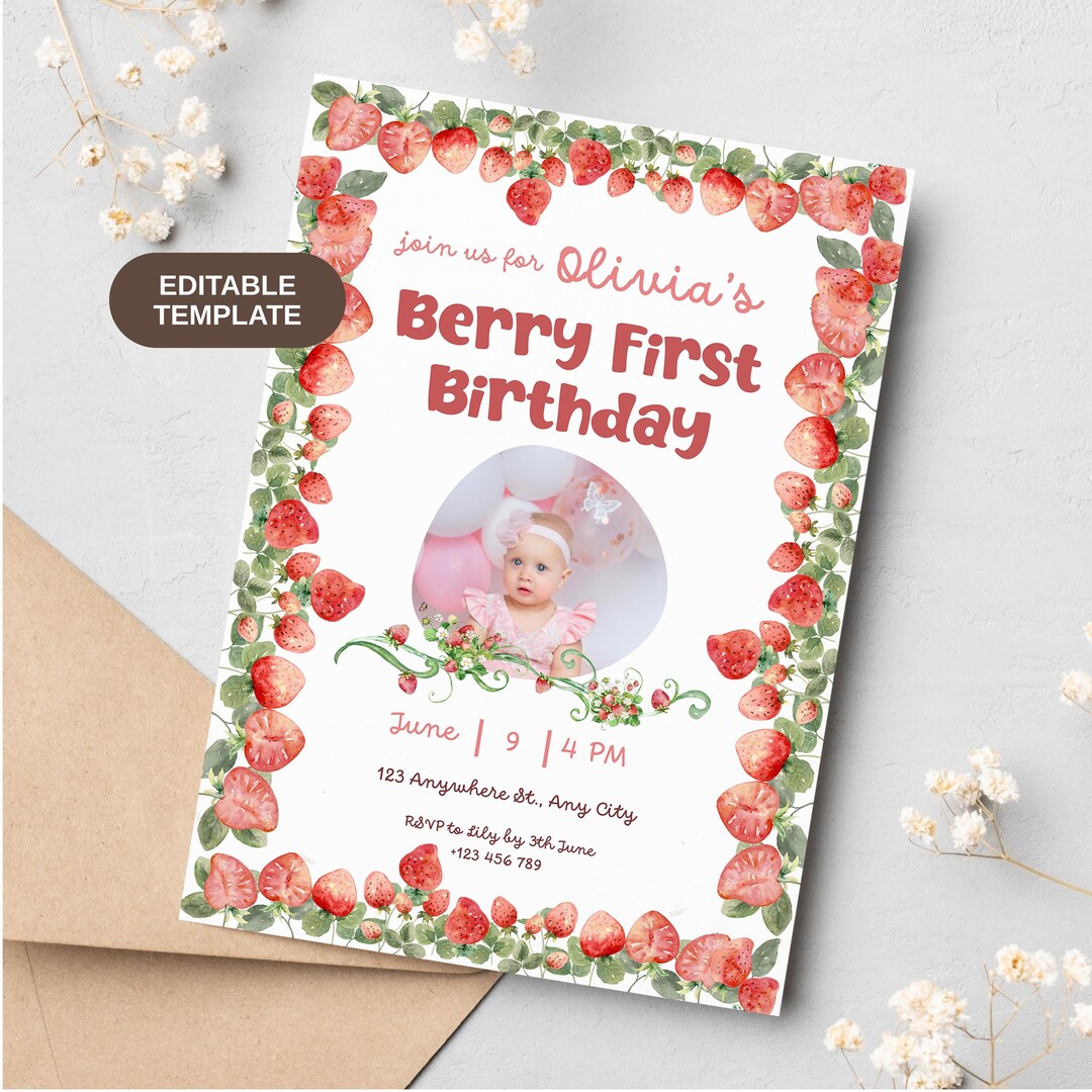 Editable Berry First Birthday Invitation, Strawberry 1st Birthday Girl ...