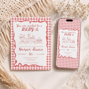 May include: A baby shower invitation and a phone case, both featuring a red and white gingham pattern. The invitation includes the text "You are invited to a BABY-Q" and event details. The phone case mirrors the invitation design.