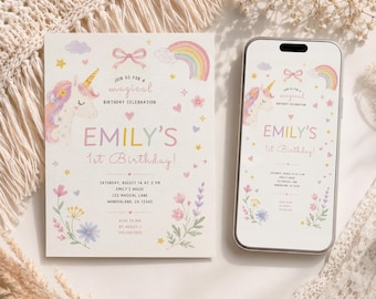 May include: A rectangular birthday invitation card and a smartphone displaying the same design. The invitation features a unicorn, a rainbow, a pink bow, and floral illustrations with the text Emily's 1st Birthday, Saturday, August 14 at 2 PM.