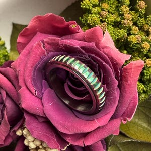 Könnte beinhalten: Ein schwarzer Ring mit einem Band aus schillernden grünen und weißen rechteckigen Steinen. Der Ring ist vor dem Hintergrund einer tiefrosa Rose und grünem Laub platziert. Schmuck.