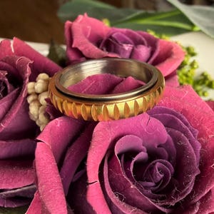 Könnte beinhalten: Ein silber- und goldfarbener Ring mit einem strukturierten, geriffelten Goldband. Der Ring ist vor dem Hintergrund tiefrosa Rosen und Grün angeordnet, wodurch ein Kontrast von Texturen und Farben entsteht. Das Design des Rings ist schlicht, aber elegant.