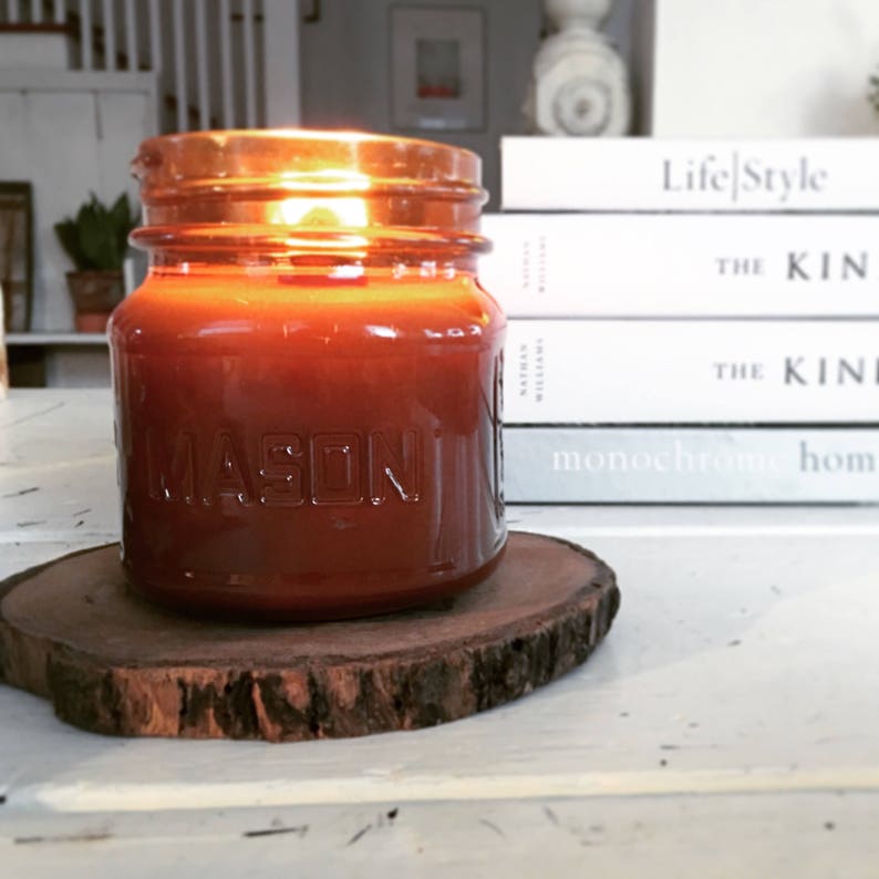 Amber Wood Wick Mason Jar Soy Candle 8oz Woodfire Candle Etsy