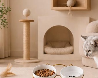 Ceramic Elevated Cat Bowls Set of 2, Double Pet Bowl with Neck Protection, Raised Cat & Small Dog Feeder, Modern Pet Feeding Station