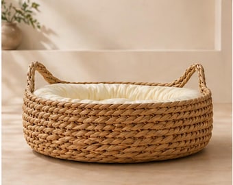 Cama para gatos de ratán, casita de madera tejida para mascotas, cesta redonda y acogedora para gatos con cojín suave, nido para dormir para gatitos y cachorros.