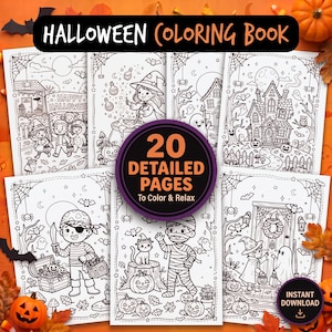 Peut inclure: Un livre de coloriage d'Halloween comprenant 20 pages détaillées à colorier et pour se détendre. La couverture présente diverses illustrations en noir et blanc d'enfants costumés, d'une maison hantée, de citrouilles, de fantômes et de chauves-souris.