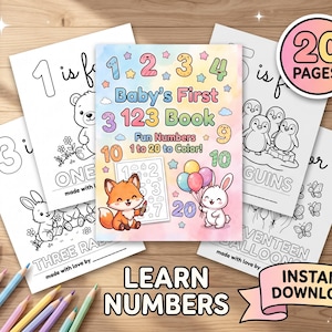 以下が含まれることがあります： 数字1から20までを塗り絵できる20ページのBaby's First 123 Book。表紙はカラフルなパステルカラーの背景で、キツネ、風船を持ったウサギ、そしてBaby's First 123 Book Fun Numbers 1 to 20 to Colorというテキストが描かれています。