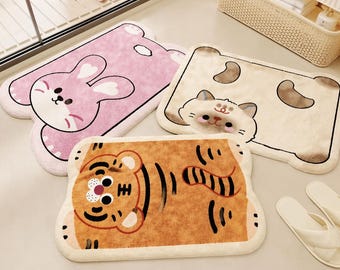 Alfombrilla de baño Kawaii con animales: conejo rosa, gato siamés, tigre | Alfombrilla suave y antideslizante | Bonita decoración para el baño | Regalo