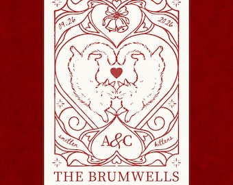 May include: A white rectangular playing card with red line art featuring two kittens forming a heart shape, bells, and the text smitten kittens, 09.26, 2026, A&C, and THE BRUMWELLS. The card is set against a deep red background with additional text.