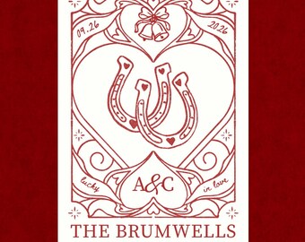 May include: A white playing card with red line art featuring two horseshoes, wedding bells, and the text lucky in love, 09.26, 2026, A&C, and THE BRUMWELLS. The card is set against a deep red background with the text PLAYING CARD WEDDING FAVORS.