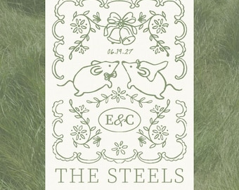 May include: A rectangular playing card featuring a white background with sage green line art. The design includes two mice, wedding bells, the text 'my & my mouse wife', '06.19.27', 'E&C', 'THE STEELS', 'PLAYING CARD', and 'WEDDING FAVORS'.