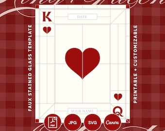 Playing Card Sign Template | King & Queen of Hearts | Printable Faux Stained Glass Canva Download