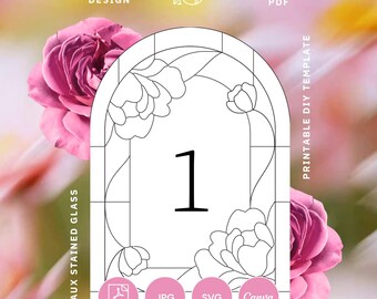 May include: A printable arched signage template featuring a black and white line art design of peonies in a faux stained glass style. The graphic displays the number 1, with text including FOR ARCHED SIGNAGE, PEONY DESIGN, 5x7 IN, PDF, and TABLE NUMBERS.