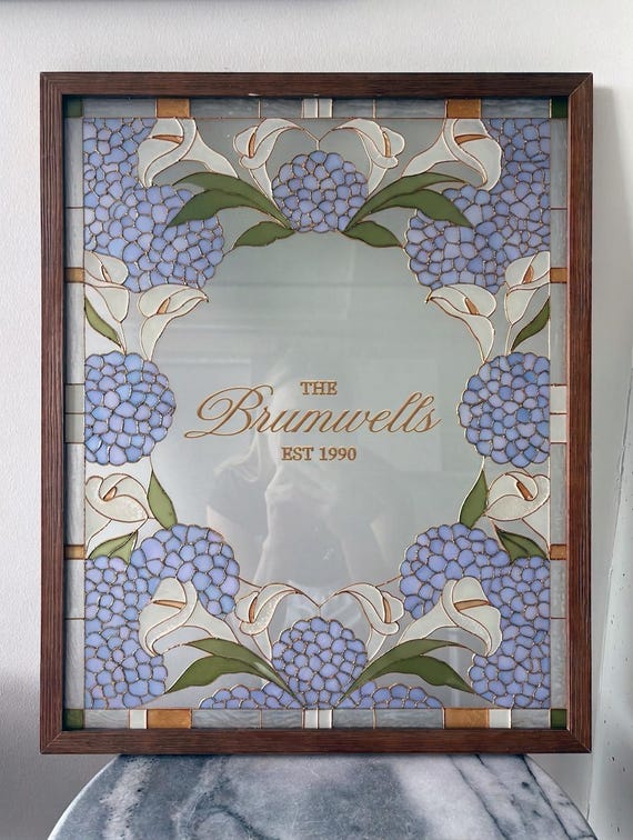 Hydrangea + Calla Lily Wedding Welcome Sign | Hand-Painted Faux Stained Glass | Personalized 16x20 Framed Sign