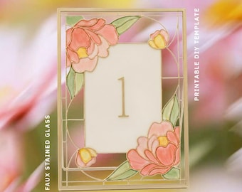 Peony Table Numbers 1–12 | Faux Stained Glass Wedding Decor | Printable PDF + Editable Canva