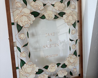 Floral Peony Wedding Welcome Sign | Hand-Painted Faux Stained Glass | Personalized 16x20 Framed Sign