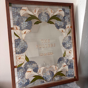 Hydrangea + Calla Lily Wedding Welcome Sign | Hand-Painted Faux Stained Glass | Personalized 16x20 Framed Sign image 1