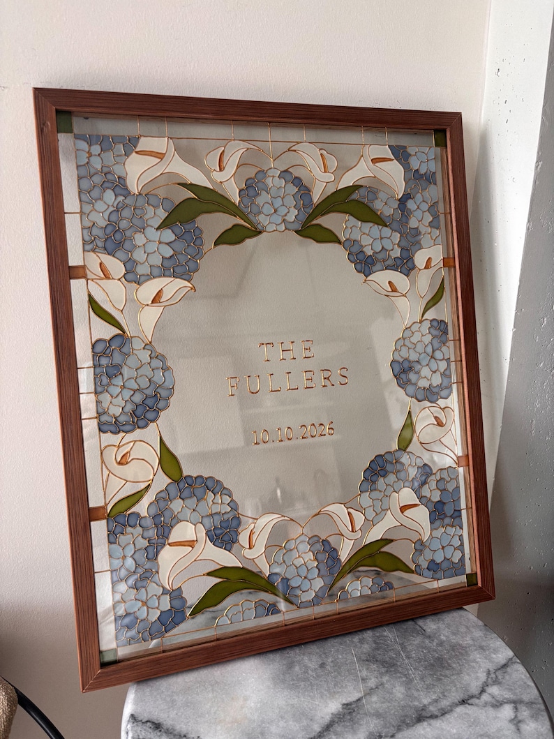 Hydrangea + Calla Lily Wedding Welcome Sign | Hand-Painted Faux Stained Glass | Personalized 16x20 Framed Sign image 1