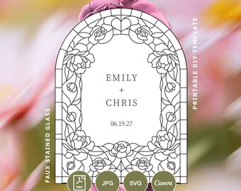 May include: A faux stained glass design for arched signage. The design features a floral border and the names "EMILY + CHRIS" with the date "06.19.27". Includes PDF, JPG, SVG, and Canva file formats. The background is a soft, blurred floral pattern.