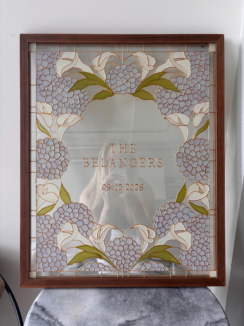 Hydrangea + Calla Lily Wedding Welcome Sign | Hand-Painted Faux Stained Glass | Personalized 16x20 Framed Sign image 3