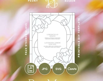Peony Wedding Bar Sign Template | Faux Stained Glass | Printable Canva Download | 8x10in