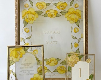 Custom Peony Wedding Signage Suite | Hand Painted Faux Stained Glass Welcome Bar Table Numbers