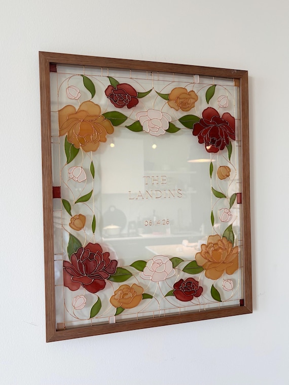 Floral Peony Wedding Welcome Sign | Hand-Painted Faux Stained Glass | Personalized 16x20 Framed Sign