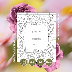 May include: A faux stained glass design with a floral border, featuring the names "Emily + Chris" and the date "06.19.27". The design includes PDF, JPG, SVG, and Canva icons. The background is a soft blend of pink and yellow.