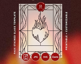 May include: A digital template with the words "HEART ON FIRE" in a stylized font. The design features a heart-shaped flame within a stained glass window frame. Includes file formats: PDF, JPG, SVG, and Canva. The text "FAUX STAINED GLASS TEMPLATE" and "PRINTABLE + CUSTOMIZABLE" are also visible.