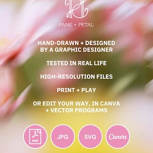 May include: A graphic design featuring the "Pane + Petal" logo and text. The text includes "Hand-drawn + Designed by a Graphic Designer," "Tested in Real Life," and "High-Resolution Files." It also lists file types: PDF, JPG, SVG, and Canva, with size options in inches.